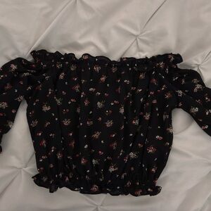Express Off-Shoulder Black Floral Cropped Top
